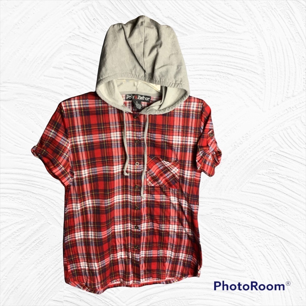 Polly & Esther Red Black White Yellow Plaid Hoodie Shirt Med (Probably Jrs)